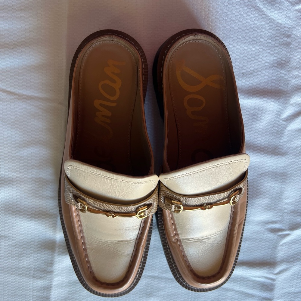 Sam Edelman Two-Tone Cream and Brown Leather Backless Loafers - Picture 12 of 12